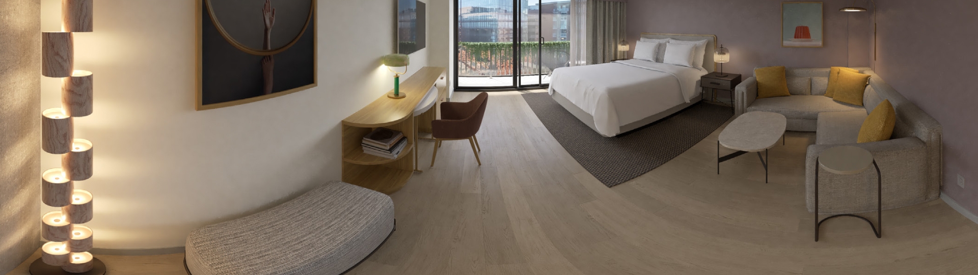 A wide shot of a spacious guest room at Hotel Madera